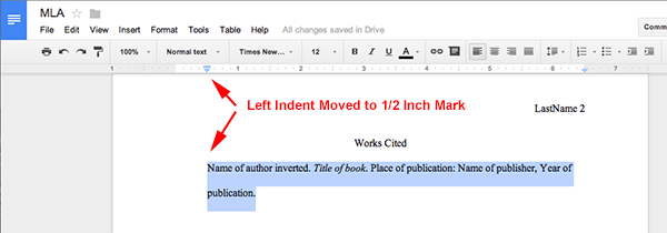 making a hanging indent google docs