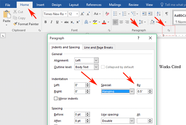 hanging indent microsoft word 2016