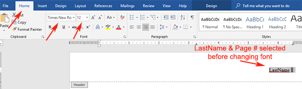 format page numbers in word font